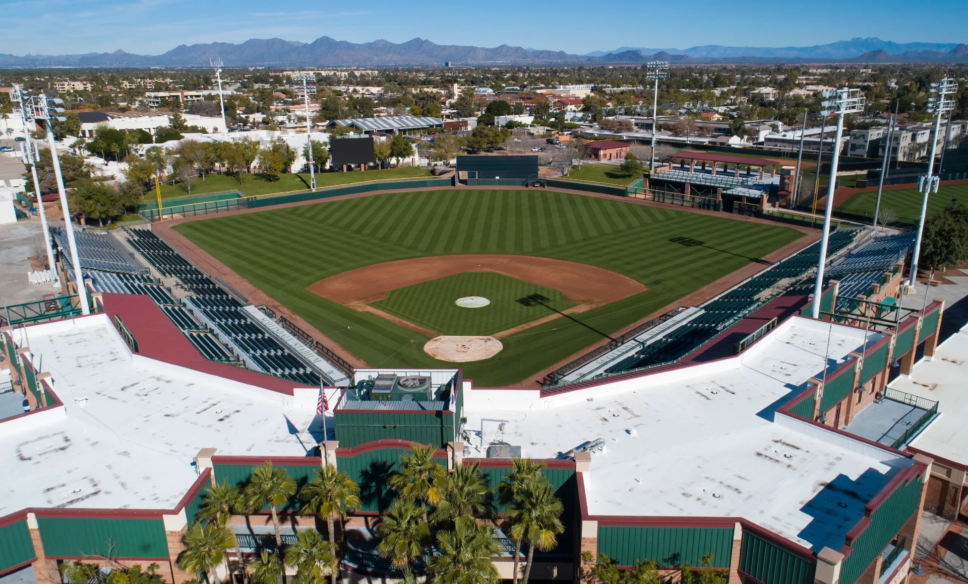 Aerial view of Scottsdale Stadium with mountains in the background